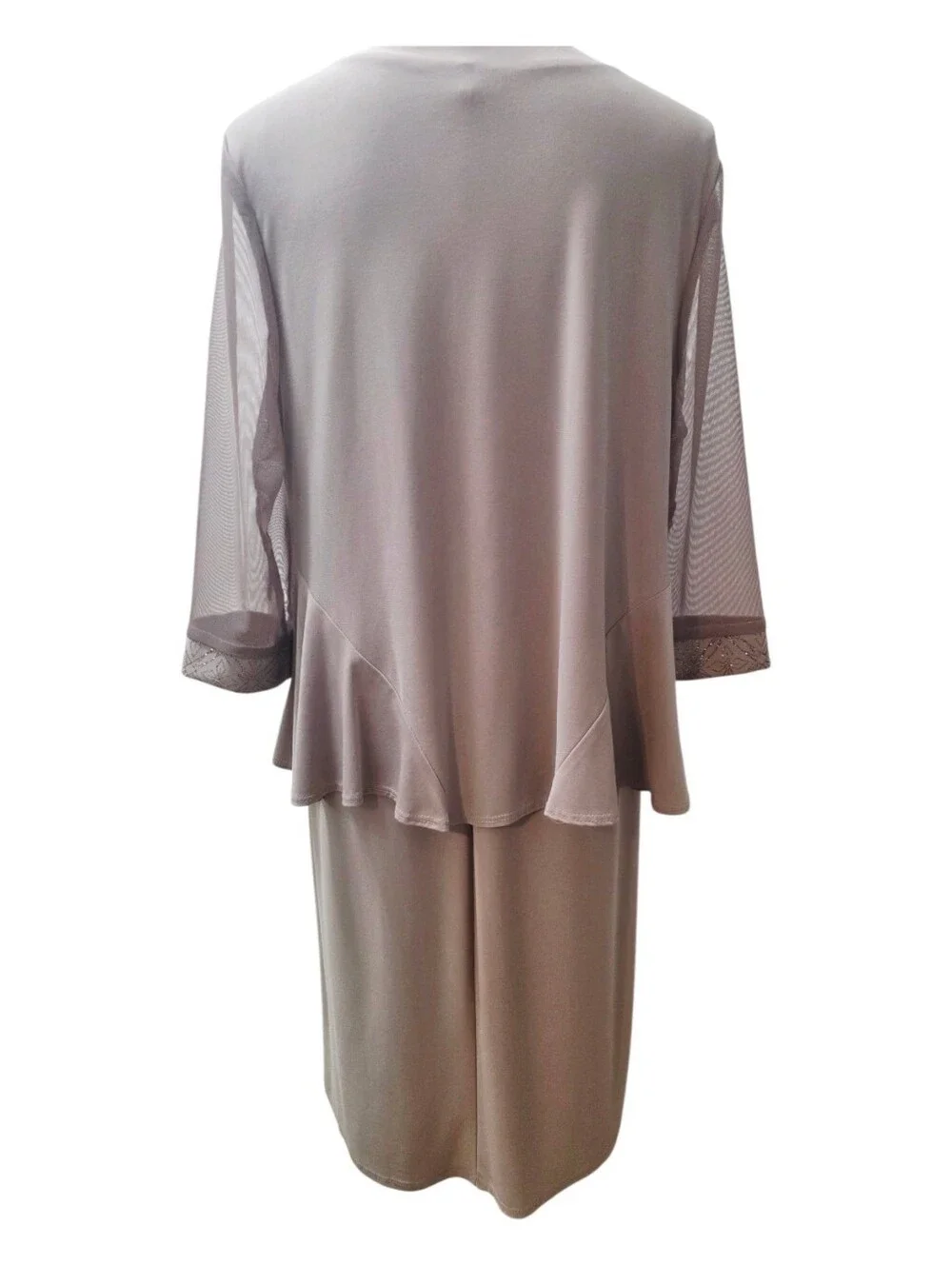 R&M Richards Size 12 Taupe Shimmer Trim Dress & Sheer Sleeve Jacket Set EUC